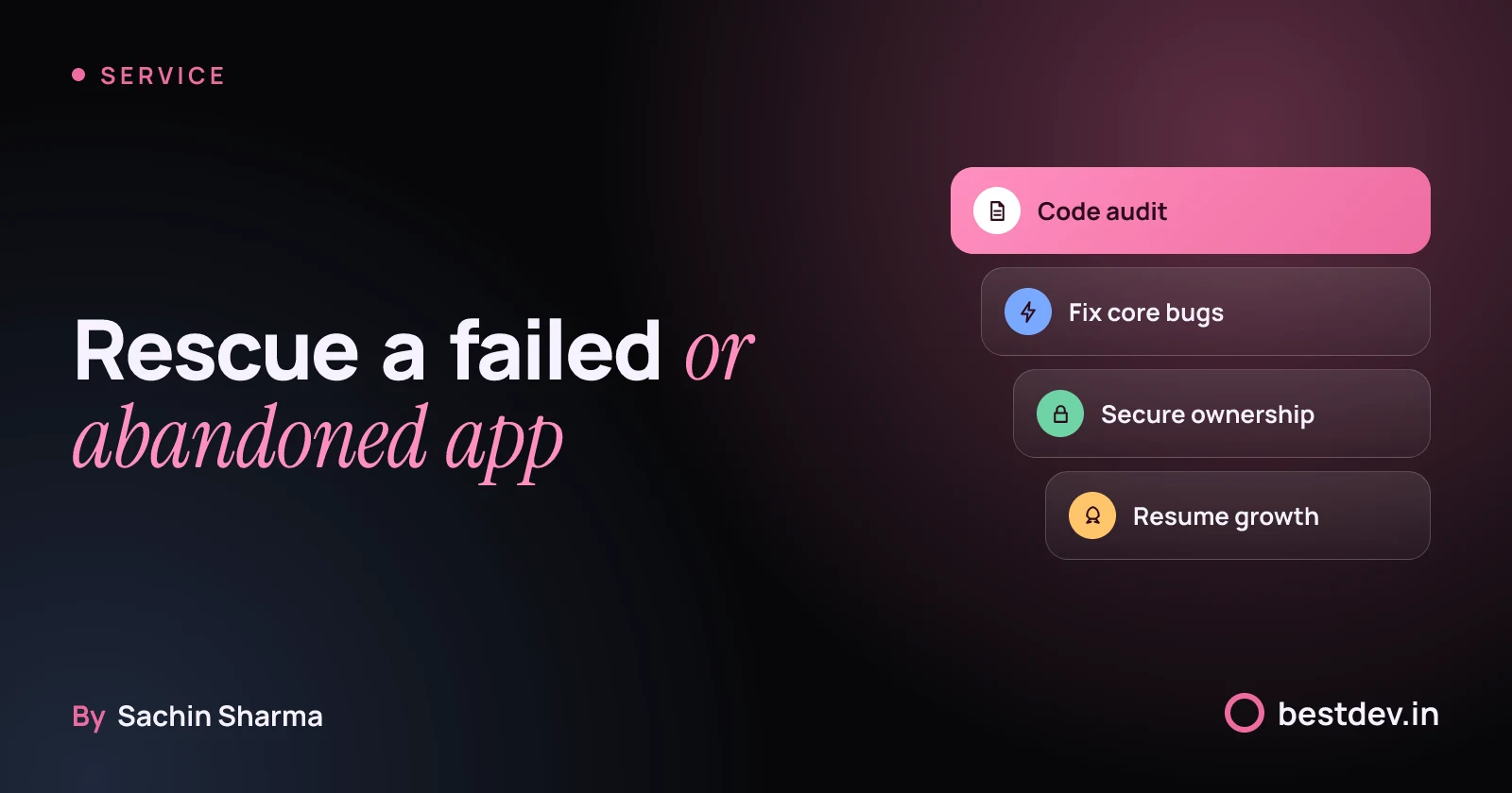 Stacked layers showing app rescue: code, fixes, security and growth