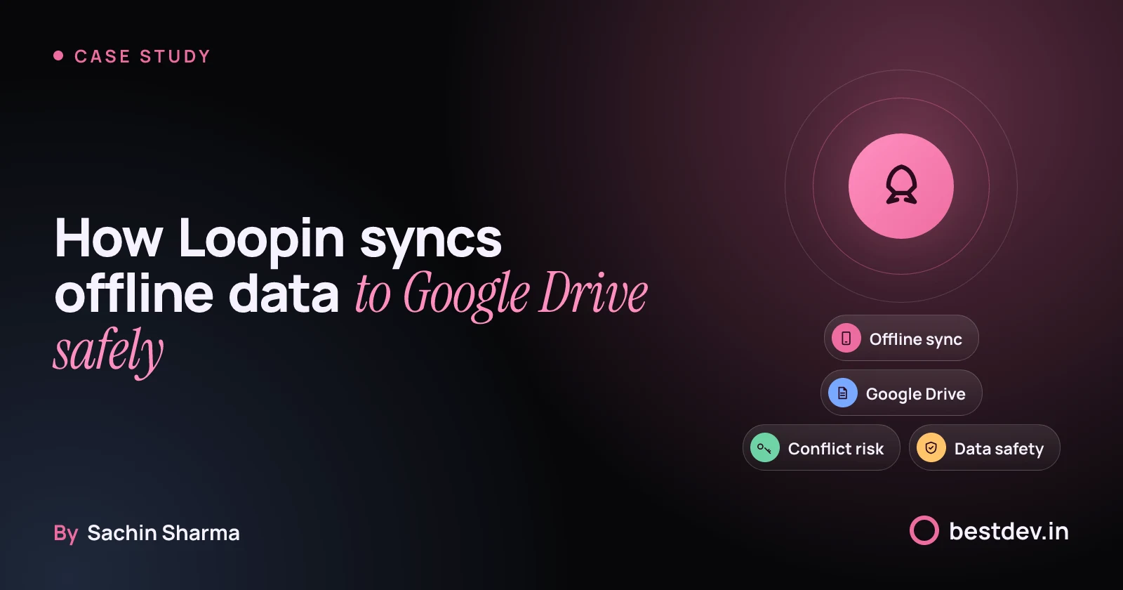 Orbit-style artwork with phone, cloud, alert and shield icons around a central sync symbol