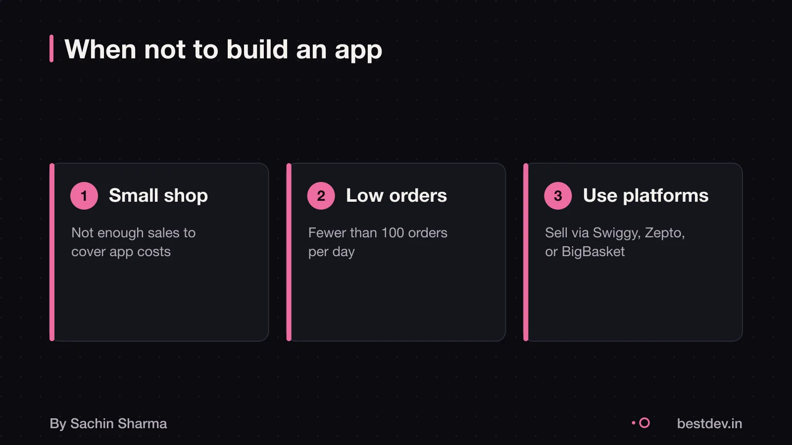 Three cards showing when building an app is not worth it
