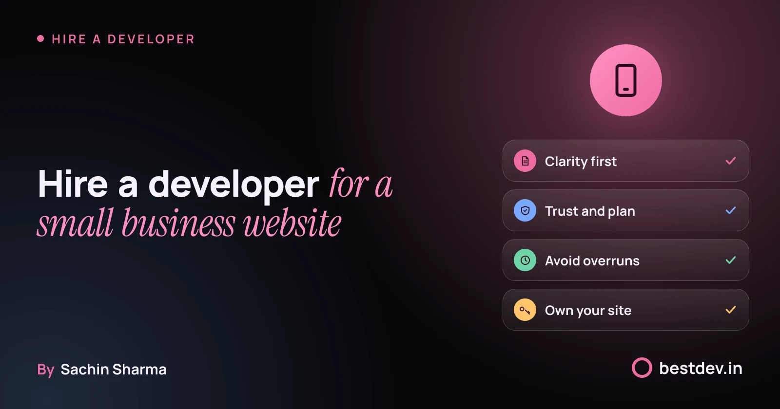 A phone showing a small business website, with chips for clarity, trust, time and ownership