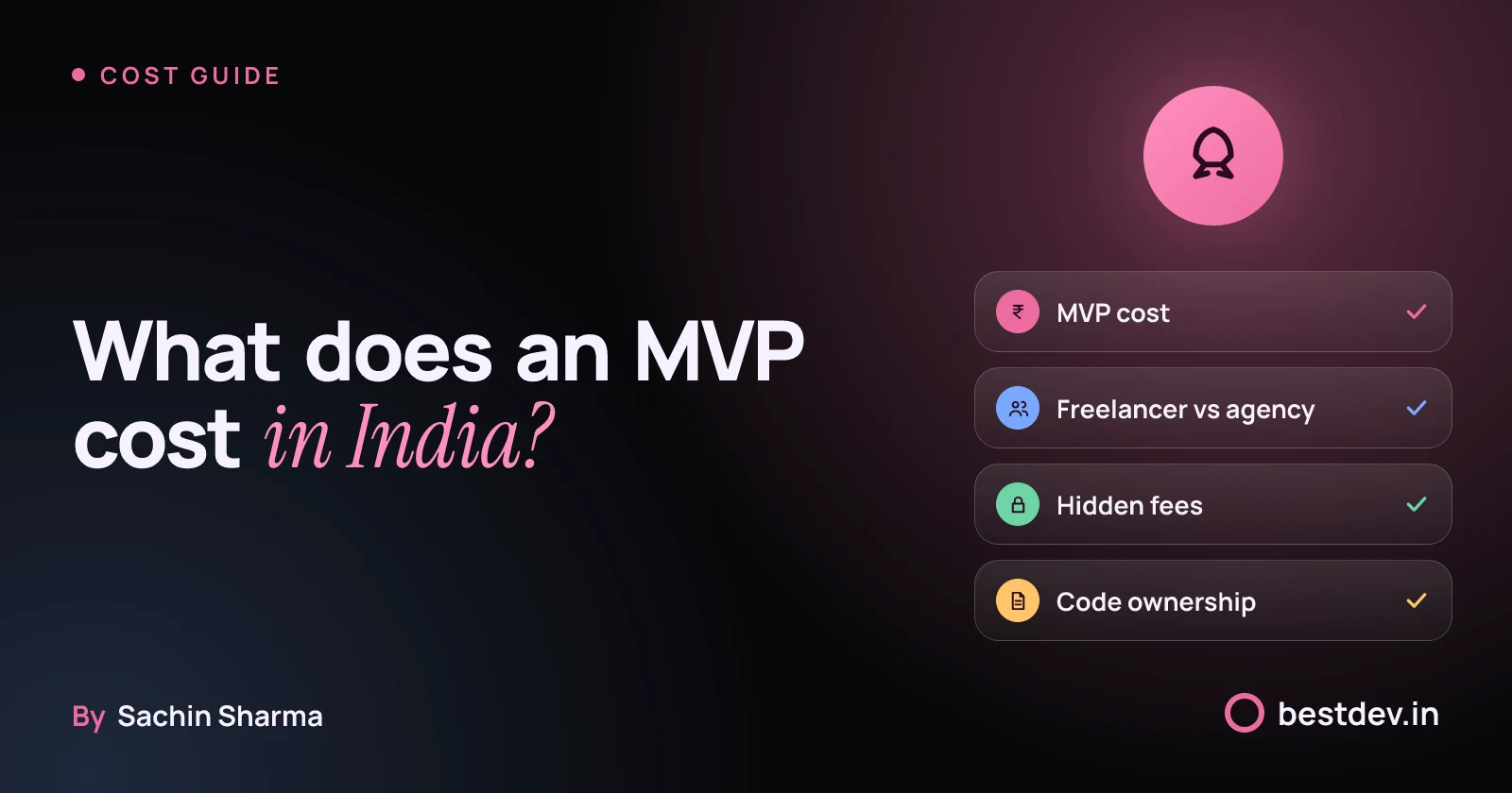 A premium illustration showing key aspects of MVP development: cost, team choice, hidden fees, and code ownership